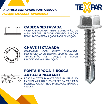 Parafuso autobrocante INOX Cabeça sextavada Ponta broca