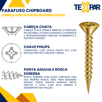 Parafusos Chipboards Bicromatizado Cabeça Chata Para Madeira