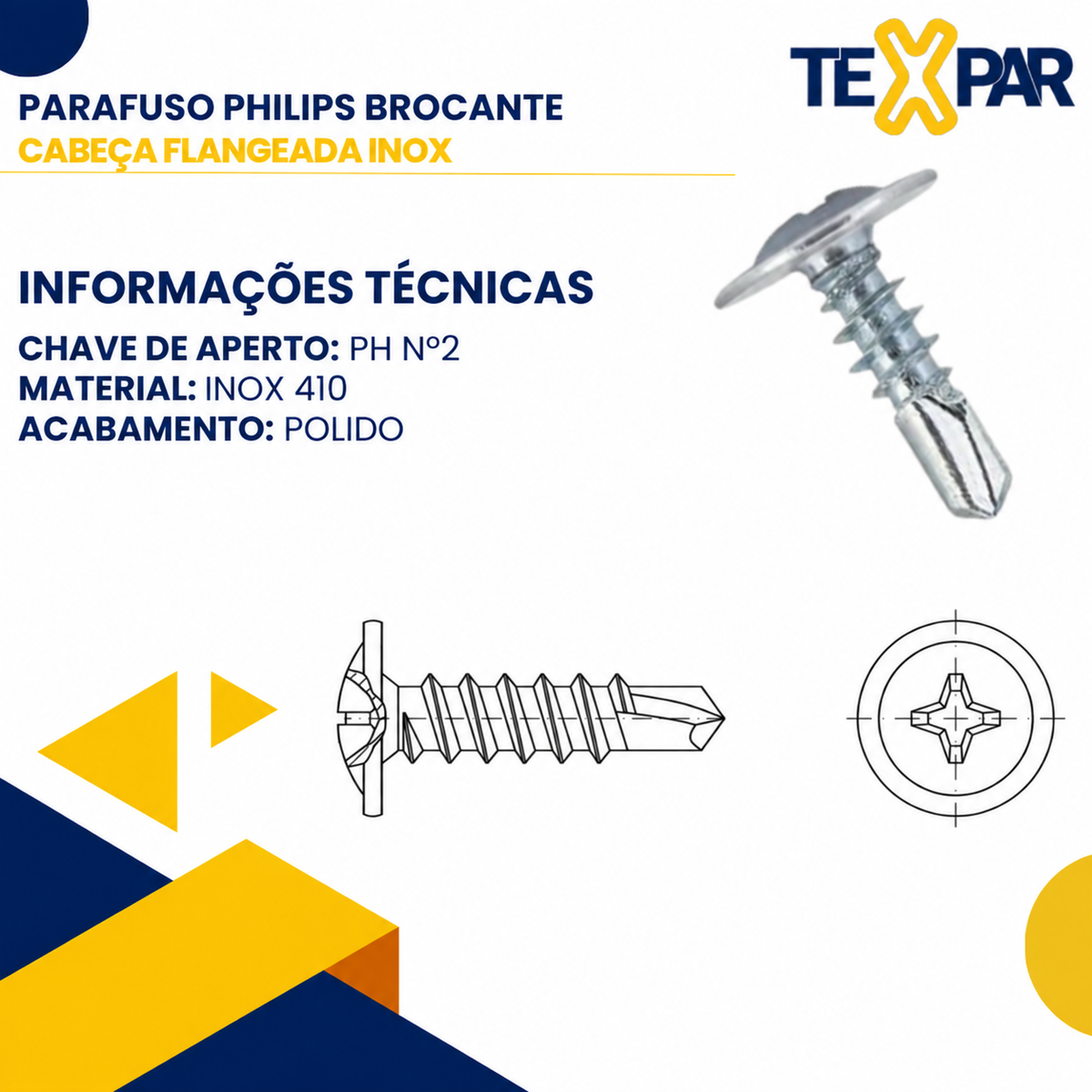 Parafuso autobrocante INOX Cabeça Flangeada Ponta broca