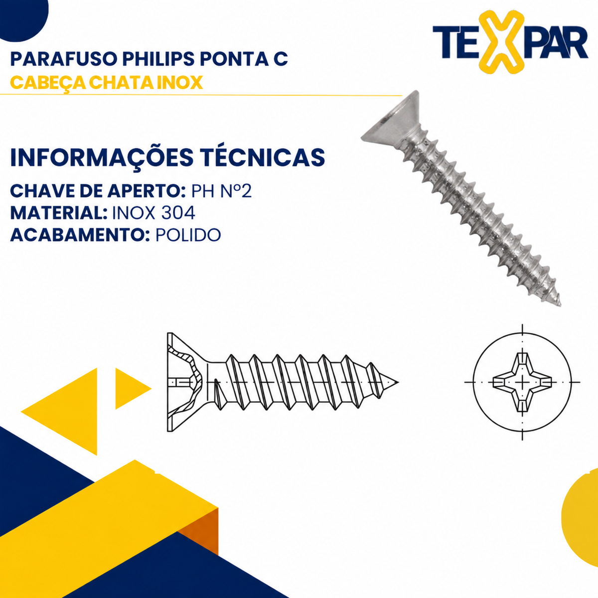 Parafuso INOX Cabeça Chata Ponta Tipo C